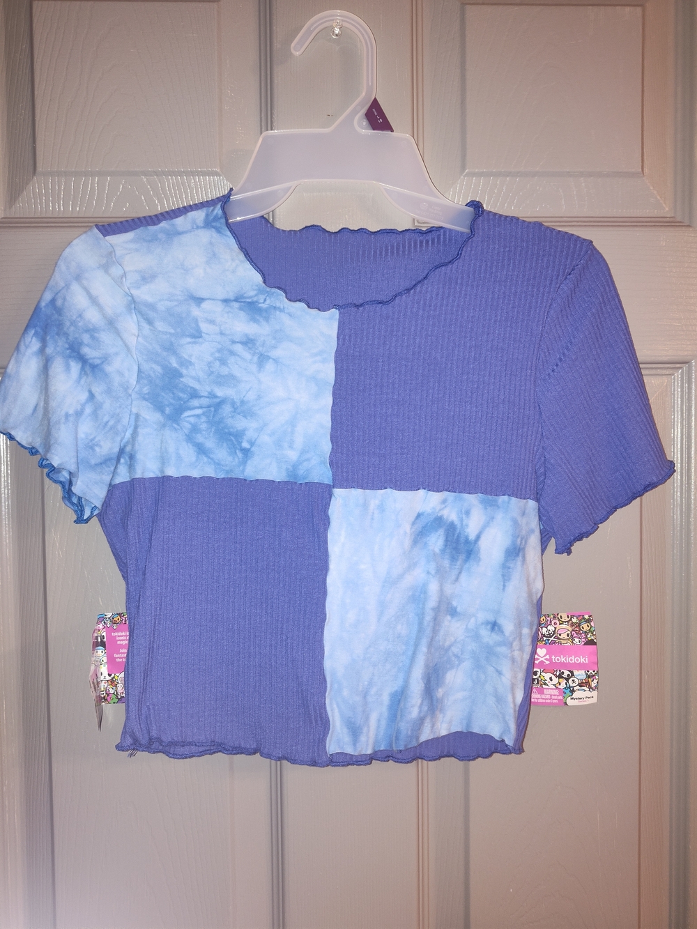 Patchwork Ribbed Tie-Dye Crop Top in Lavender and Light Blue